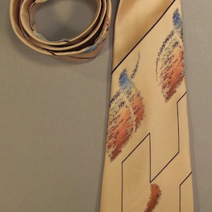 Designer  Neck TIE PAULINE Trigere1980s Wide  signed  beige polyester  58 x 4 1/2 in