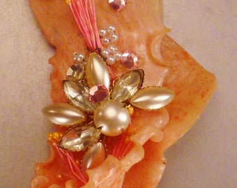 HANDCRAFTED fLORAL , Brooch  , Sequins, rhinestones,  app 4 1/2 in long, 2 1/2   in wide, one of a kind, ARTISTIC