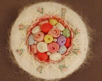 HANDCRAFTED BROOCH, Silk ribbons Flowers, PEARLS,  mohair wreath,  app 2 1/4 in diameter
