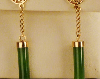 Asian JADE EARRINGS  Cylinders 1960s 1.5 inches  Pierced  goldtone old stock BRIDESMAIDS Gift
