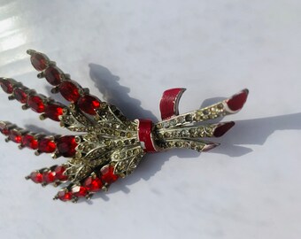 ART DECO Brooch, Wheat Sheath, Large Fire red rhinestones  and small clear rhinestones, painted enamel ribbon, app 4 in long by 3 in wide