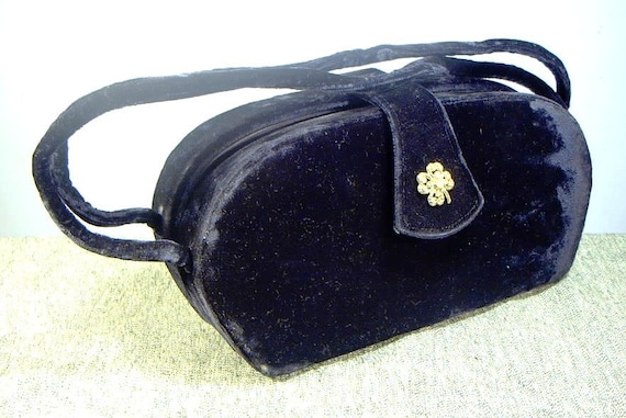 RETRO DECO 1950s Velvet Box Purse Two Handles Dar… - image 1