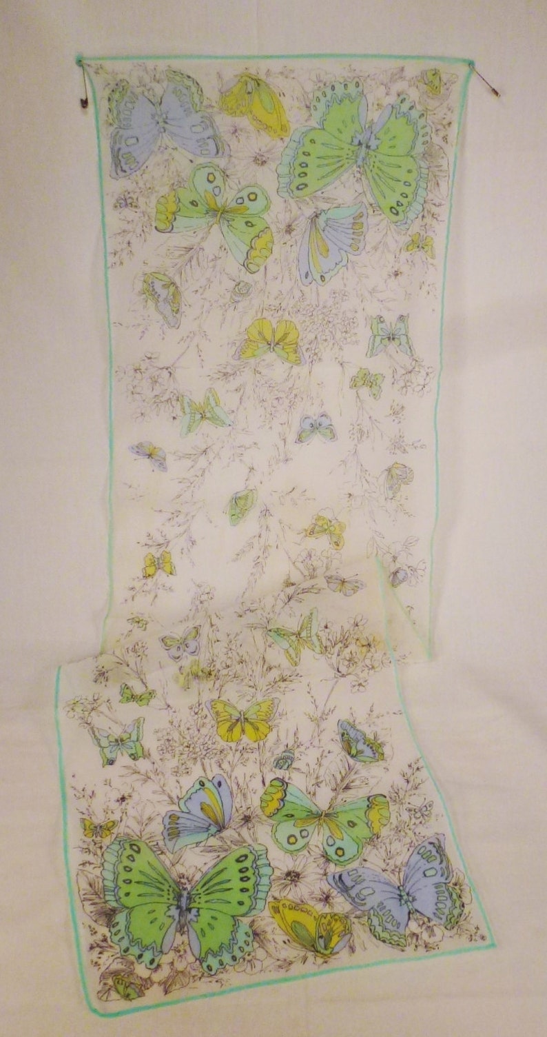 Vintage SILK SCARF BUTTERFLIES Long gauge organza 43 x 12.5 great condition Spring colors image 2