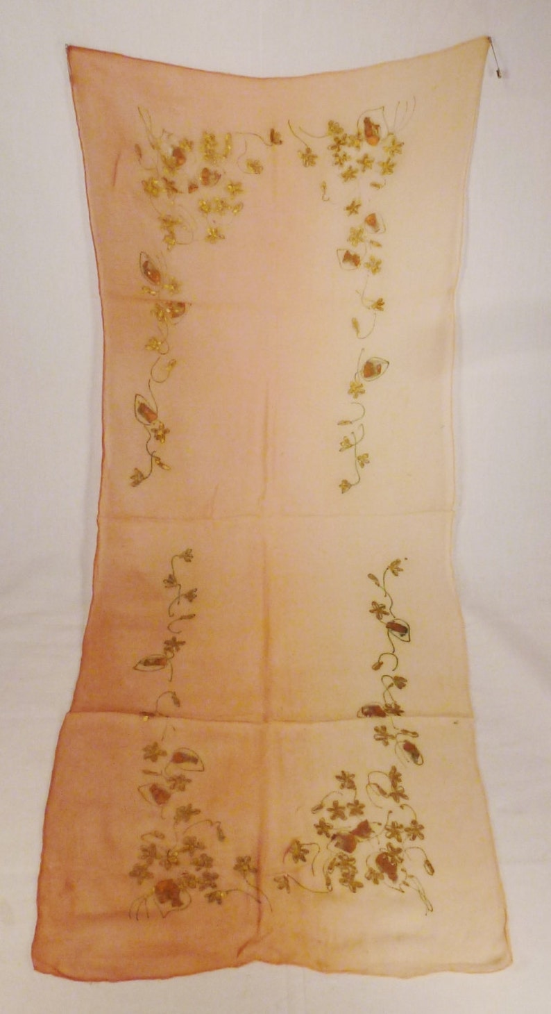 Vintage Silk SCARF VIOLETS Handpainted Copper and Gold Oganza Gauze Two tone beige Long 38X16 image 1