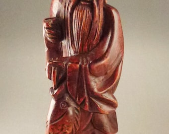 ASIAN  IMMORTAL, FISHERMAN Figurine, Sculpture red  Wooden, 12 in tall 3 1/2 deep by 2 3/4 wide, As found