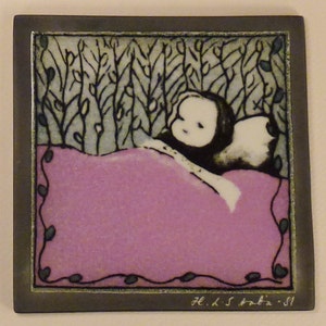 RARE ARABIA FINLAND Tile signed Helja Liukko -Sundstrom Atelje Art Tile Baby in crib  4 5/8 X 4 5/8