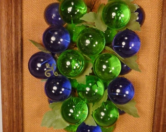 LUCITE GRAPES blue green Mounted assemblage Framed  1950s app 22 x 11 x3 inl