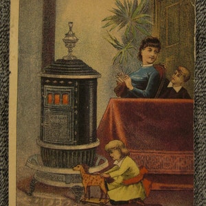 Victorian ad TRADE Karte IRON STOVES Wood Coal Chrisman Illinois. Chromolithographie 5,5 X 3,5