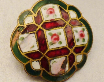 Antique ENAMEL  BUTTON Vintage  flowers metal shanks Cast Bronze fluted edges