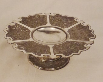 ANTIQUE BOWL Silverplate Quadruple plate Etched Floral Cut out design pe4destal 3 in tall 9in diam