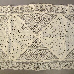 LACE Runner Cutout White open work and linen crochet Embroidered Floral Folk Art Openwork 54 x 17 image 2