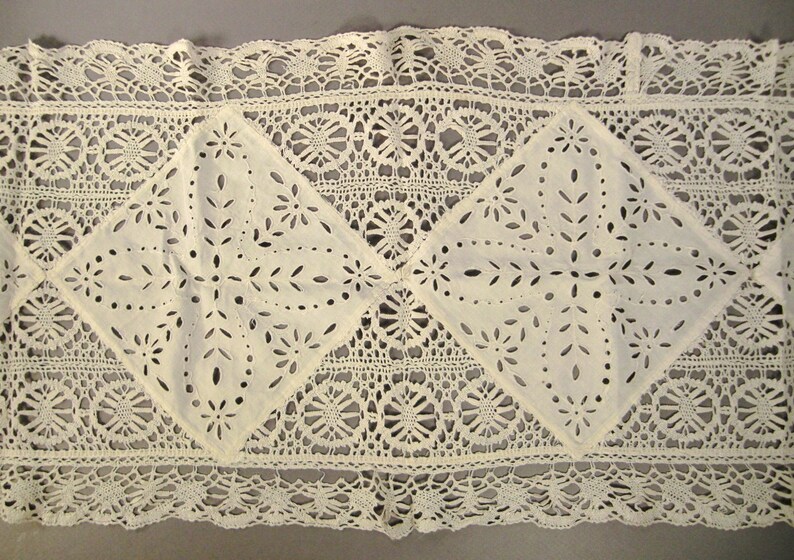 LACE Runner Cutout White open work and linen crochet Embroidered Floral Folk Art Openwork 54 x 17 image 2