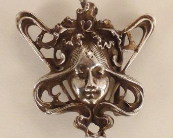 Antique ART NOUVEAU FACE Woman's Flowers Sterling Belt Buckle signed Unger Bros app 2 3/4 x2 3/4  Stunning