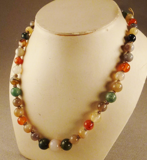 Collier Artisanal En Jade Et Agate - Chaîne Laiton, Couleurs Marron Et Vert, Neuf Sans Emballage