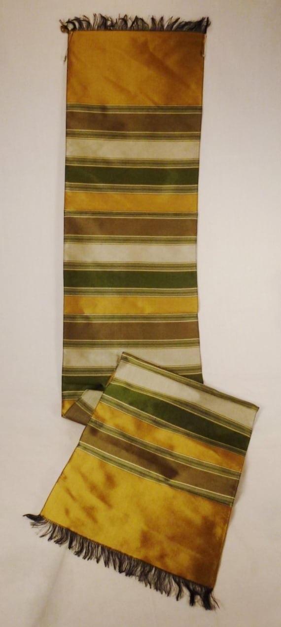 Raw  Silk SCARF 1950s  green and gold Color LINES… - image 1