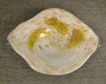 MURANO Italian  GLASS Bowl white with gold flecks and clear  Stunning  scuplturesque 12 x 8 x 2 in