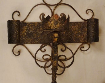 FORGED IRON SCONCE Wal Three Candelabra  very heavy textured metallic paint covered brass-bronze colors as found app 16x12x6 inches