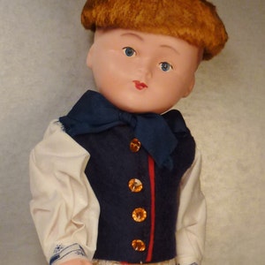 DOLL POLAND Papier Mache  Handcrafted beautiful Boy Folk embroidered costume app 12 x4 x3 inches mint condition 1940s