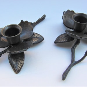 Set CANDLE Holders, ROSES  Gilt Bronze Set, Shabby look, app 6 1/2 in long 2 tall, 3 1/2 wide , Silvestri import , Chicago