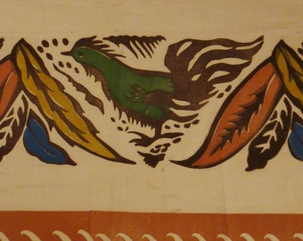 WPA Arts and Crafts SILKSCREEN On Linen CHICKENS amid Foliage Border design colorful app 18 x 12