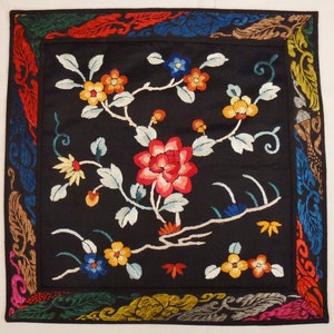 ASIAN  EMBROIDERED Panel, SILK Floss, Dragon Robe, Fragment, lined border, 11 x 11, 1920s, Antique