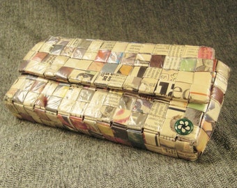 FOLK ART CLUTCH Purse, Double sided, Prisoner Art, Magazine pages, tag Ecoist, great condition, app 8 X 4 X 2 in