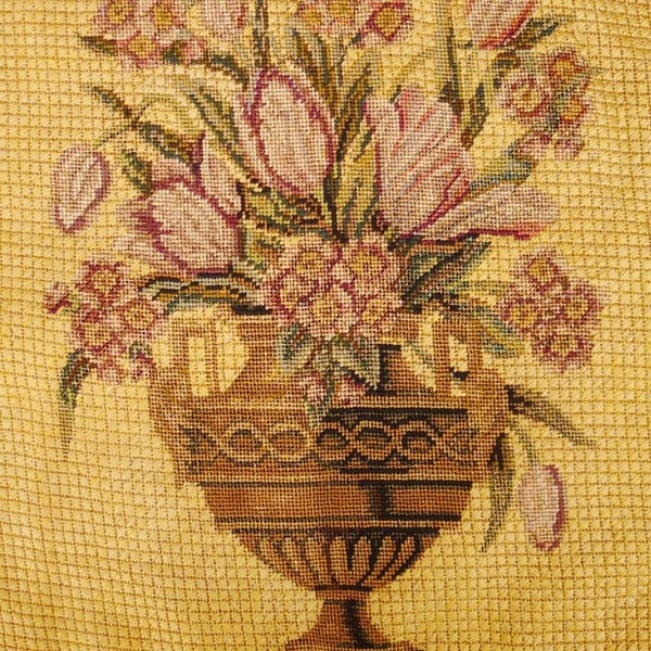 Reserved for Brad ANTIQUE FRENCH Petit Point Needlepoint Tulips and Primroses In Urn 16 X17 silk floss on canvas  Stunning