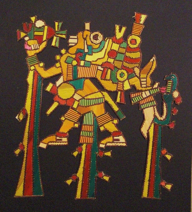 AZTEC DANCERS Straw Assemblage Embroidery Like on Cardboard 10 Etsy