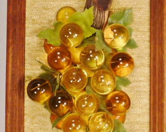 LUCITE GRAPES, SculptureFramed, warm yellow and clear color , Mounted assemblage , Framed  as is, vintage 1950s , app 22 x 11 x3 inl