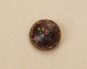 Antique ENAMEL  BUTTON small Vintage French brown  pink flower  gold 1gilt /2  inch diameter