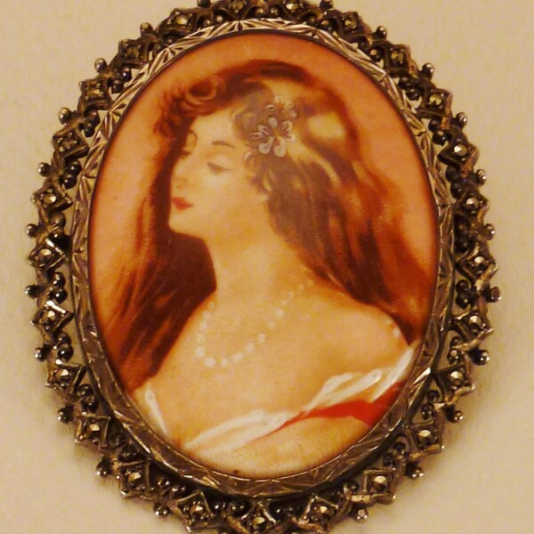 VICTORIAN ENAMEL PORTRAIT Woman Porcelain Hallmarked Marcasites milgrained handcrafted 2 1/4 in diameter