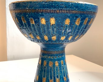 BITOSSI , Vase, MId Century Modern, Italy, Rimini Blue and Gold, app 7 in tall, 6 1/2 in top diam. , 3 1/2, blue and gold, signed