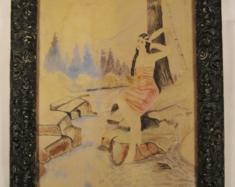 Original WATERCOLOR POCAHONTAS Framed decorative  As Found condition 1940s 14  1/4 X 11  1/2 inches