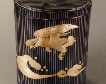 EAGLE TEACADDY, Straw assemblage, Embroidery like on cardboard and cloth, 5 3/4 x 3 x 4 1/2 in, Handcrafted