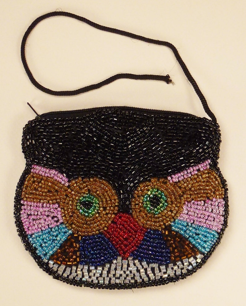 Handbeaded OWL WALLET Colorful black pink red green brown yellow glass beads 4 in x 5 in lined image 3