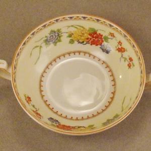 MYOTT STAFFORDSHIRE BOWL Soup Engeland twee Handvatten emaille floers 6 3/4 in diam, prachtige kleuren 2 in hoog