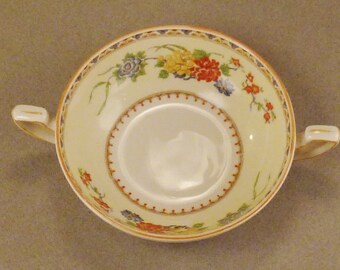 MYOTT STAFFORDSHIRE BOWL Soup England  two Handles enamel floers 6 3/4 in diam, stunning colors 2 in tall