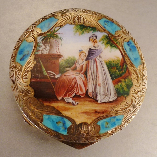 Reserved for Judith ENAMEL ANTIQUE COMPACT Silver 800  Goldplated  Engraved back app 3 Inch  Diameter
