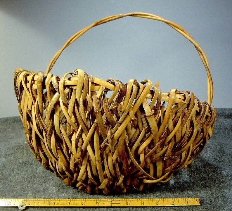 Vintage BAMBOO BASKET Ikebana Japan flower wall handle half moon 14 x 9 x 7 handle 15 in tall image 1