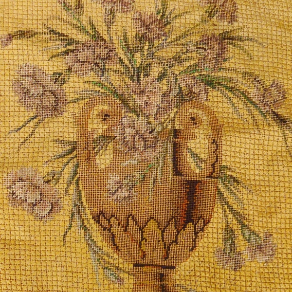 ANTIQUE FRENCH PETIT Point Needlepoint Chair Cover All silk floss threads Carnations on canvas Stunning 20 x 19