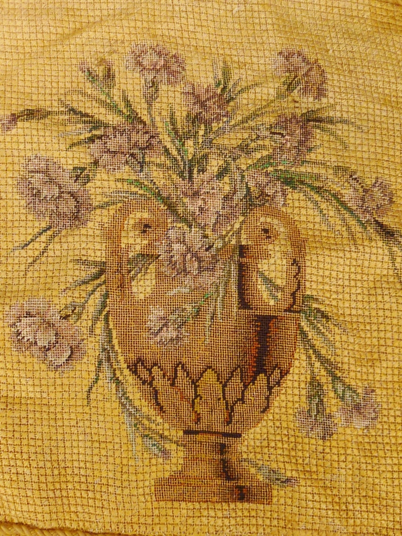 ANTIQUE FRENCH PETIT Point Needlepoint Chair Cover All silk floss threads Carnations on canvas Stunning 20 x 19 image 1