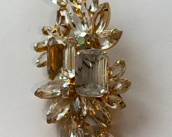 JULIANA Large  BROOCH clear irridescent glass stones, two large center  Rhinestones, app  3 1/4 x1 1/4, great condition