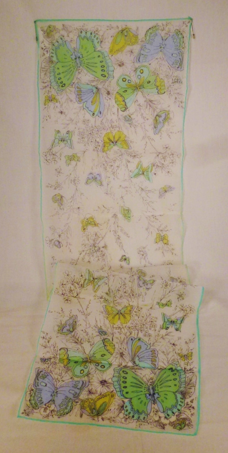 Vintage SILK SCARF BUTTERFLIES Long gauge organza 43 x 12.5 great condition Spring colors image 1