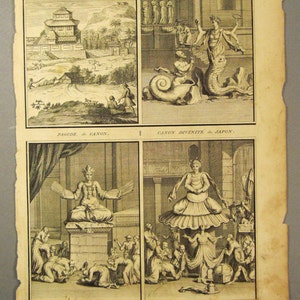 ANTIQUE 1700s JAPAN Temple Deities   Original steel Engraving 1724 14 1/4 x 9 3/4 in Ready to frame