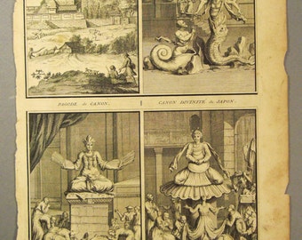 ANTIQUE 1700s JAPAN Temple Deities   Original steel Engraving 1724 14 1/4 x 9 3/4 in Ready to frame