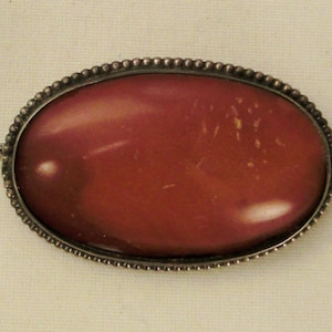 Brooch Antique Carnelian Agate Cabochon Sterling Silver Oval 1940s signed app 13/4 by 1 1/8 in