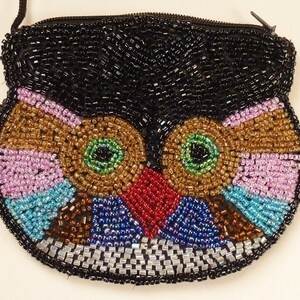 Handbeaded OWL WALLET Colorful black pink red green brown yellow glass beads 4 in x 5 in lined image 1