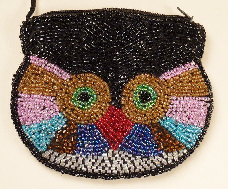 Handbeaded OWL WALLET Colorful black pink red green brown yellow glass beads 4 in x 5 in lined image 1