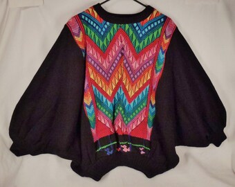 SWEATER Handcrafted Multicolor Rainbow on black embroidered Ethnic 26 in long  18 in wide Geometric motifs great condition handcrafted