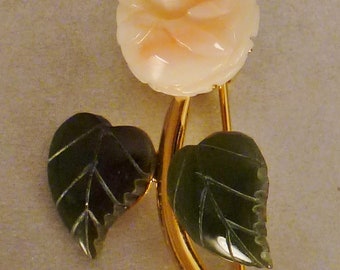 Asian JADE CORA,L Brooch  PENDANT, Rose Flower,  1 1/4 X 3/4 in wide, 1960s  in chain, app 16 in goldplate chain  old stock